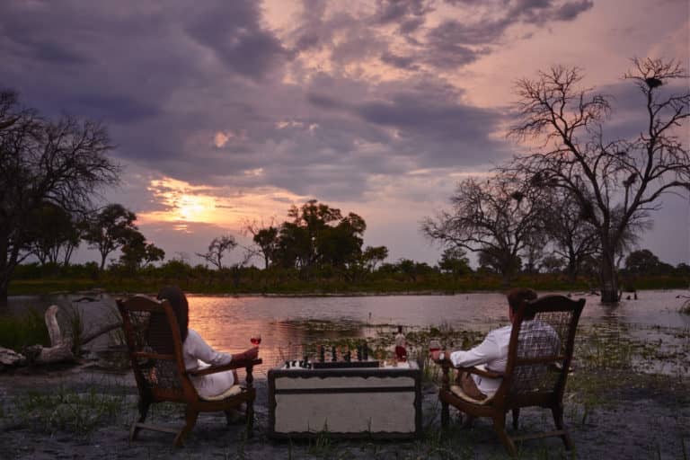 Sundowners at sunset in the Delta at Khwai