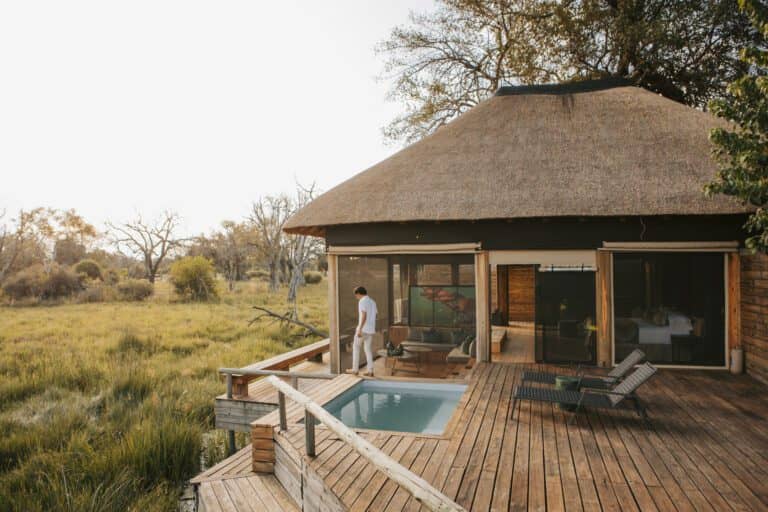 Each room features a private pool on the spacious deck at Vumbura Plains Camp