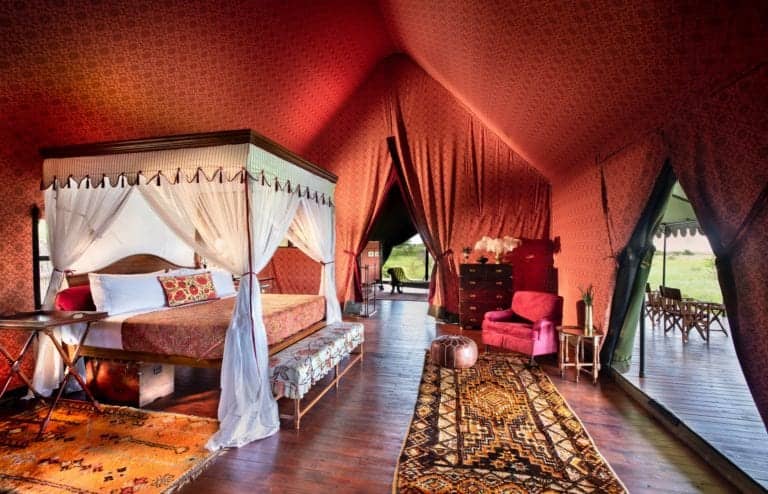 Luscious interiors in the bedroom of the guest tents at Jack's Camp