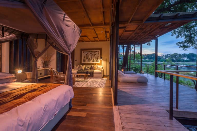Extensive view of guest suite with private viewing deck at Qorokwe