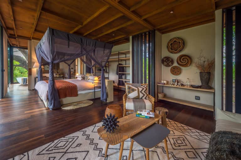 Full visual of luxury guest room layout at Quorokwe Camp