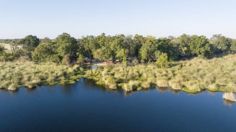Aerial view of Shinde Footsteps Camp in the Okavango Delta
