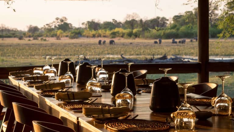 Dining room table with animals in background at Savuti Camp