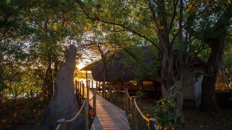 A sunlit walkway from guest suite leads towards Savuti's main area