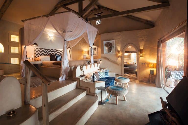 The spacious Moroccan style bedroom inside the Nuthouse at Tongabezi