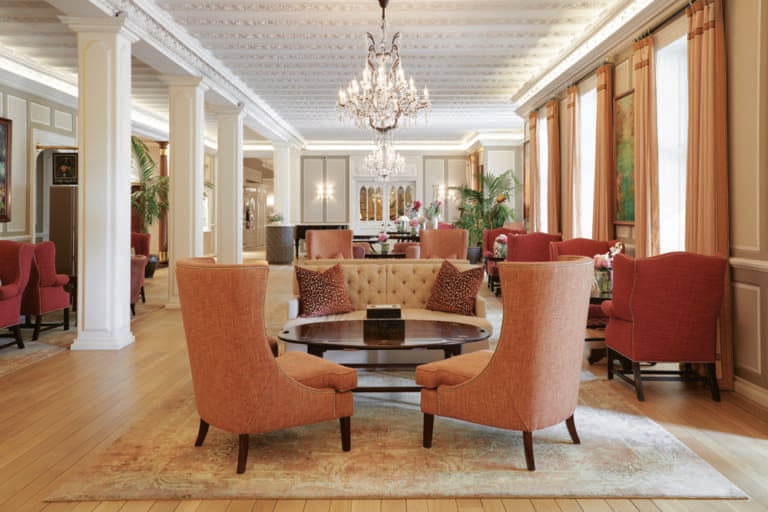 The warm and inviting lounge area at Mount Nelson Hotel