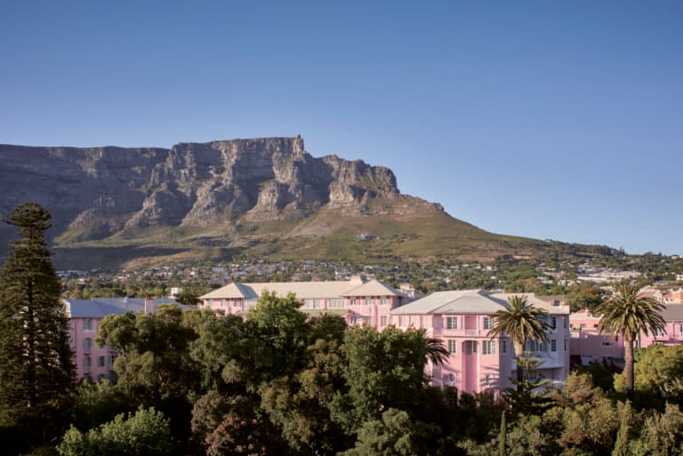 The famous pink coloured luxury hotel atthe base of Cape Town's iconic Table Mountain