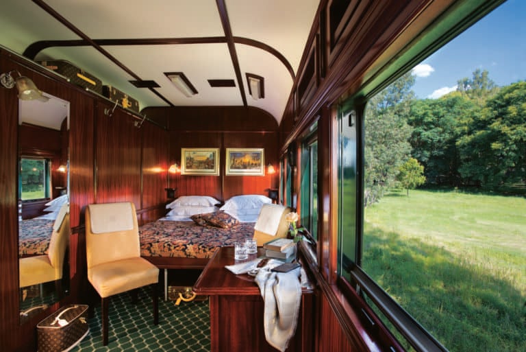 The deluxe double cabin aboard the Rovos Rail