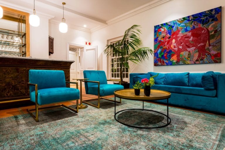 The attractive blue hues of the bar area at Fairview House are appealing