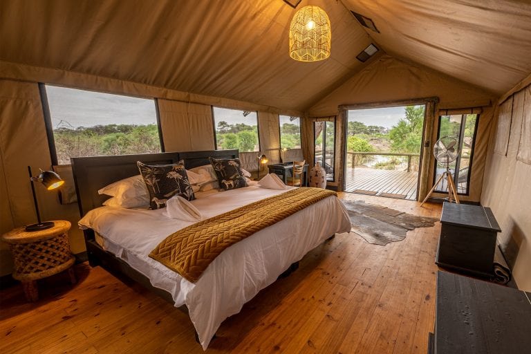 The guest rooms at Mogotlho Safari Lodge are spacious and have river views