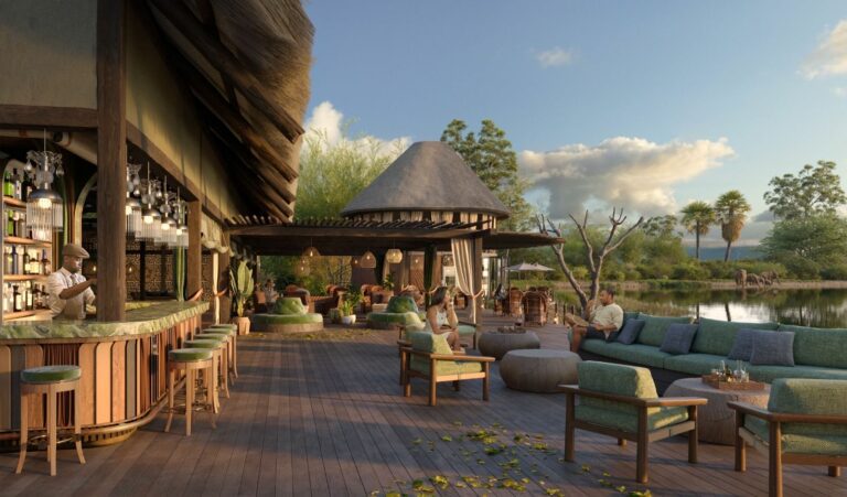 Atzaro Okavango Camp will feature a spacious outdoor bar and lounge overlooking the Delta