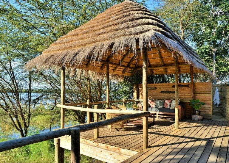 Deck over the Chobe River from accommodation rooms at Bakwena Lodge